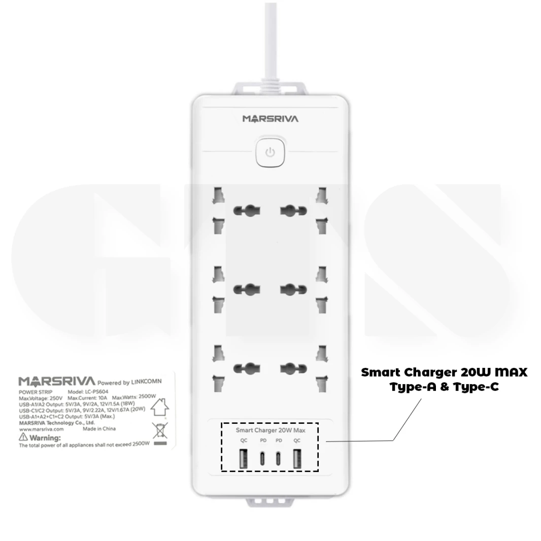 LINKCOMN Power Strip with 2X Type-C PD and 2X Type-A  PS604 3m EU