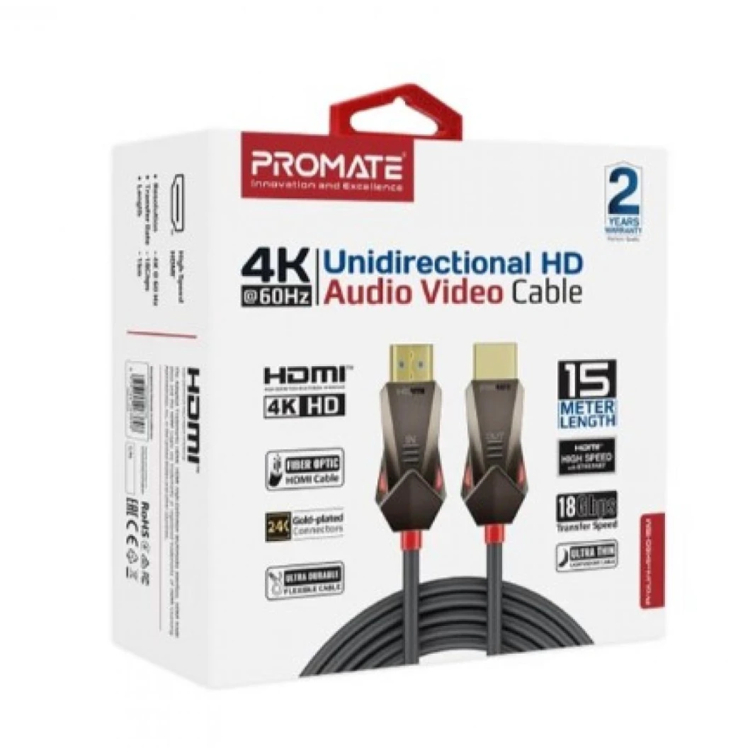 Promate ProLink4K60-15M HDMI Slim Cable 15m with 3D Support 4K@60hz, 18Gbps, Ethernet Support Fiber Optic Cable & Gold Plated