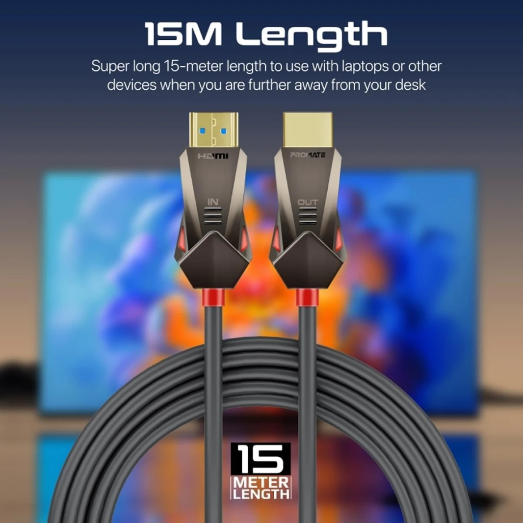 Promate ProLink4K60-15M HDMI Slim Cable 15m with 3D Support 4K@60hz, 18Gbps, Ethernet Support Fiber Optic Cable & Gold Plated