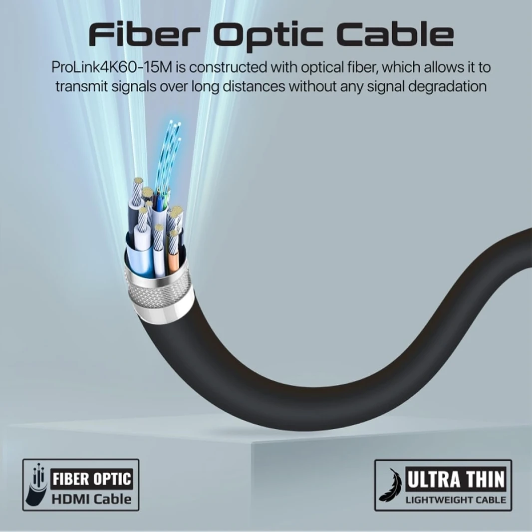Promate ProLink4K60-15M HDMI Slim Cable 15m with 3D Support 4K@60hz, 18Gbps, Ethernet Support Fiber Optic Cable & Gold Plated