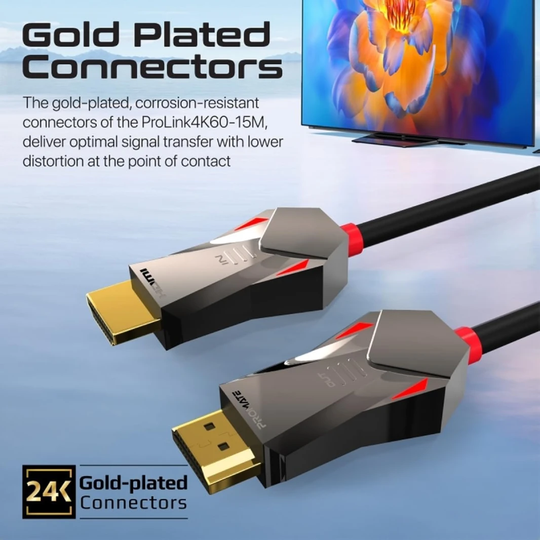 Promate ProLink4K60-15M HDMI Slim Cable 15m with 3D Support 4K@60hz, 18Gbps, Ethernet Support Fiber Optic Cable & Gold Plated