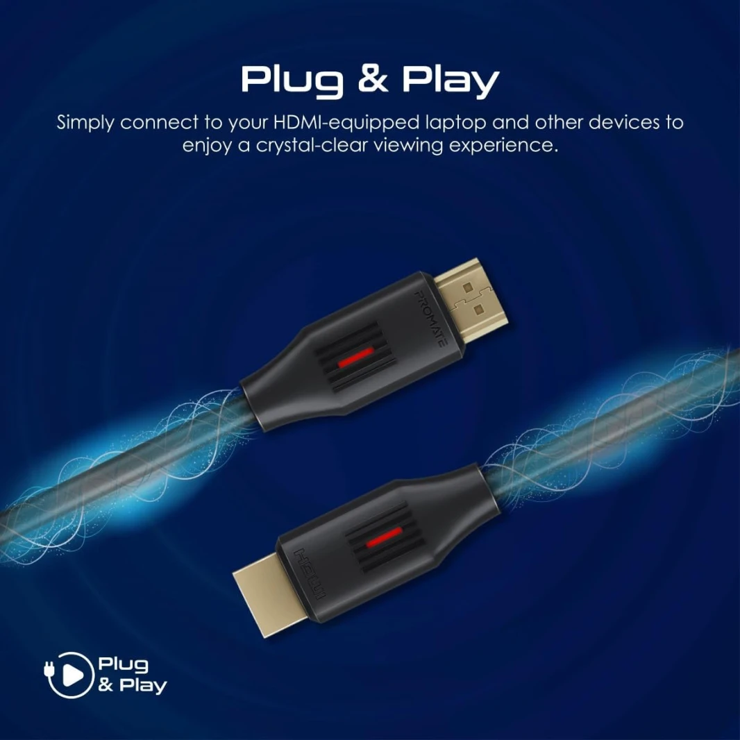 Promate HDMI 2.0 Cable, 4K@60Hz HDMI to HDMI Slim 1.5m Cable with 3D Video Support, 18Gbps Bandwidth, Ethernet Support and Gold-Plated Connectors for Laptops, Smart TVs, Monitors