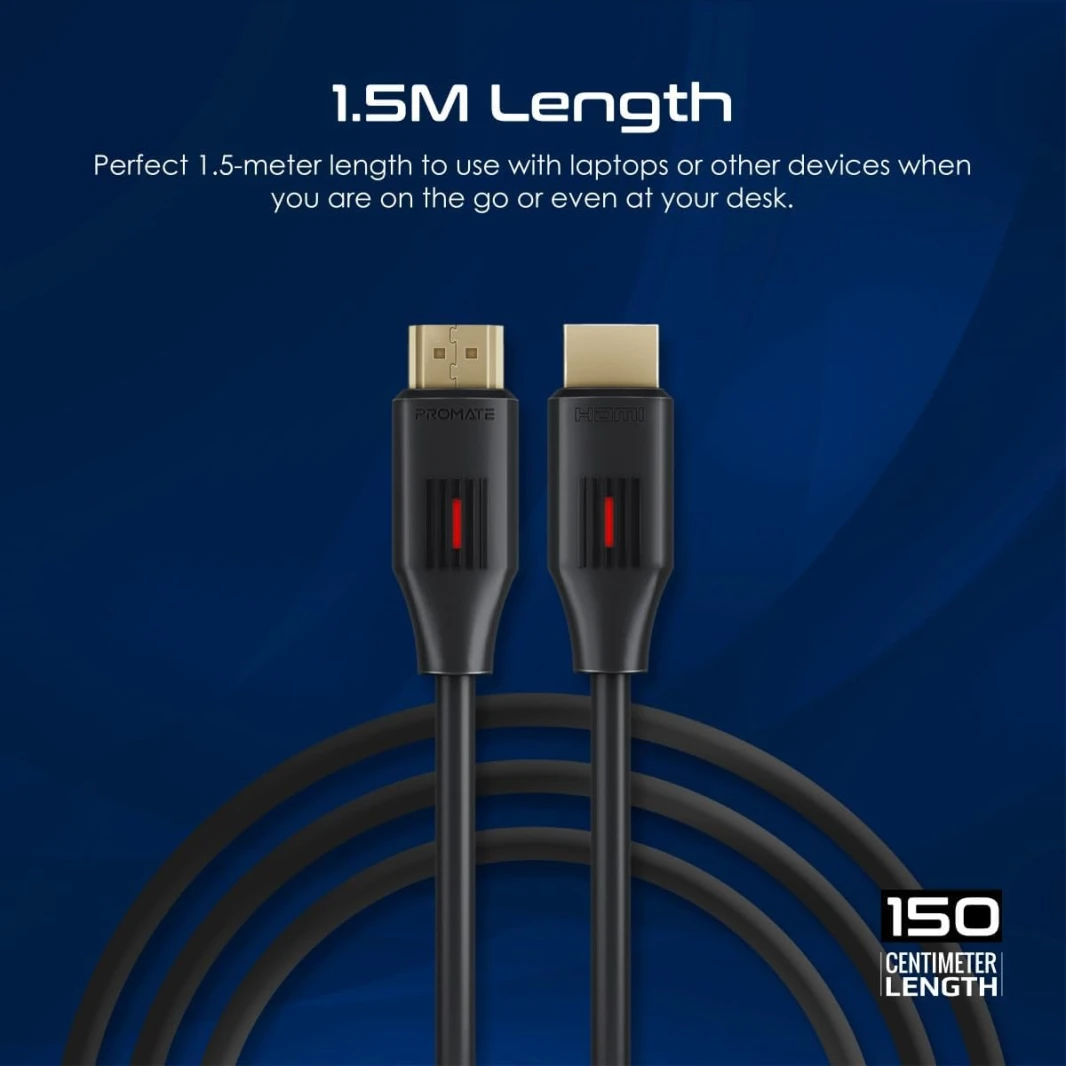 Promate HDMI 2.0 Cable, 4K@60Hz HDMI to HDMI Slim 1.5m Cable with 3D Video Support, 18Gbps Bandwidth, Ethernet Support and Gold-Plated Connectors for Laptops, Smart TVs, Monitors