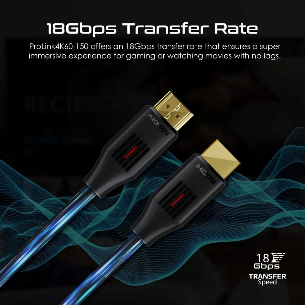 Promate HDMI 2.0 Cable, 4K@60Hz HDMI to HDMI Slim 1.5m Cable with 3D Video Support, 18Gbps Bandwidth, Ethernet Support and Gold-Plated Connectors for Laptops, Smart TVs, Monitors