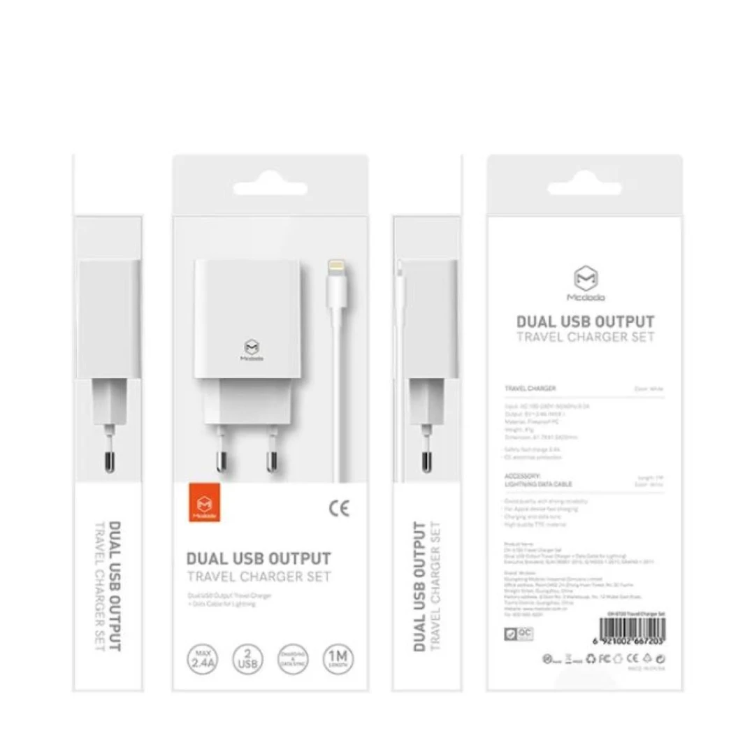 Mcdodo Charger CH-6720 / 2 USB-A Charger(EU) 5V, 2.1A (Max) + Lightning Cable 1m Travel Set