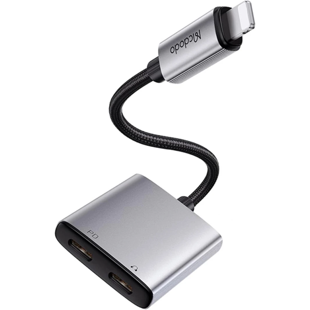 Mcdodo 2 in 1 i-Phone Earphone Converter Adapter (Lightning to Lightning Port x 2), 2.4A Rapid Charging, Music Playback, Calls, Audio Cable Control, Instant Access, Audio Conversion Adapter, Aluminum
