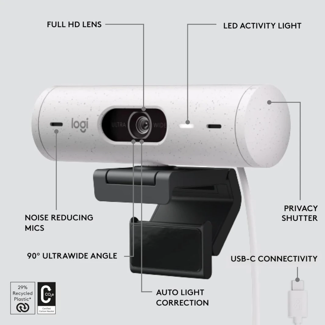 Logitech Brio 500 Full-HD Webcam with Auto Light Correction,Show Mode, Dual Noise Reduction Mics, Webcam Privacy Cover, Works with Microsoft Teams, Google Meet, Zoom, USB-C Cable