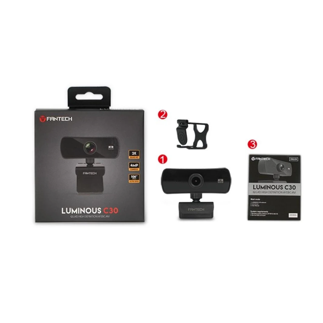 Fantech Luminous C30 Ultra-Wide Camera With Clip 2K (2560x 1440) Resolution Webcam Build-in Microphone