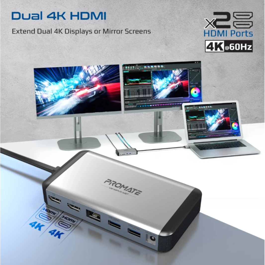 Promate VersaHub-MST MacBook Docking Station with Extended Multi-Display, Dual 4K HDMI, , Premium 100W Dual Pin MacBook Apple
