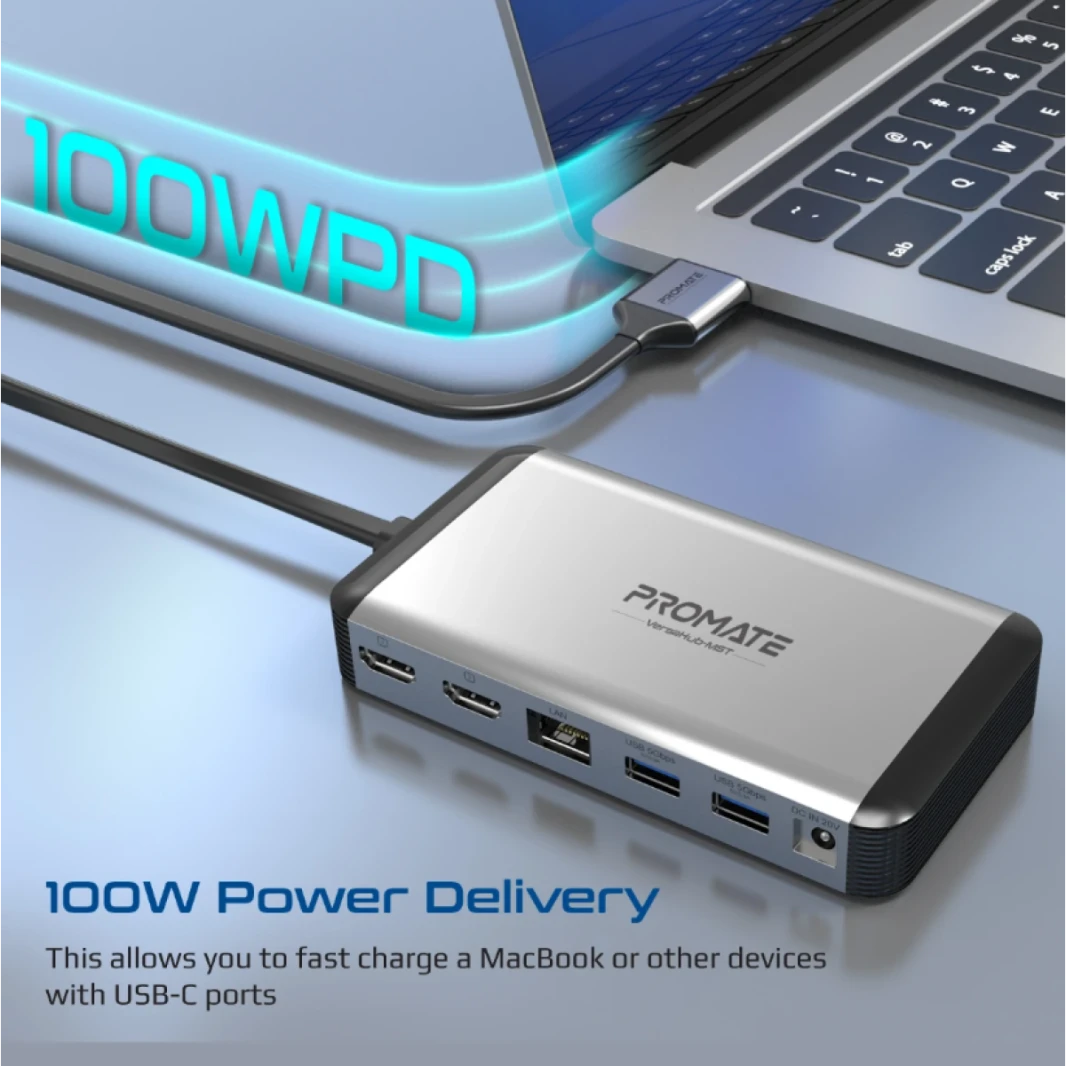 Promate VersaHub-MST MacBook Docking Station with Extended Multi-Display, Dual 4K HDMI, , Premium 100W Dual Pin MacBook Apple