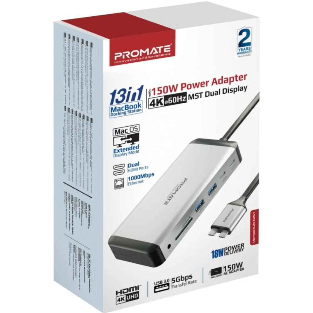 Promate VersaHub-MST MacBook Docking Station with Extended Multi-Display, Dual 4K HDMI, , Premium 100W Dual Pin MacBook Apple