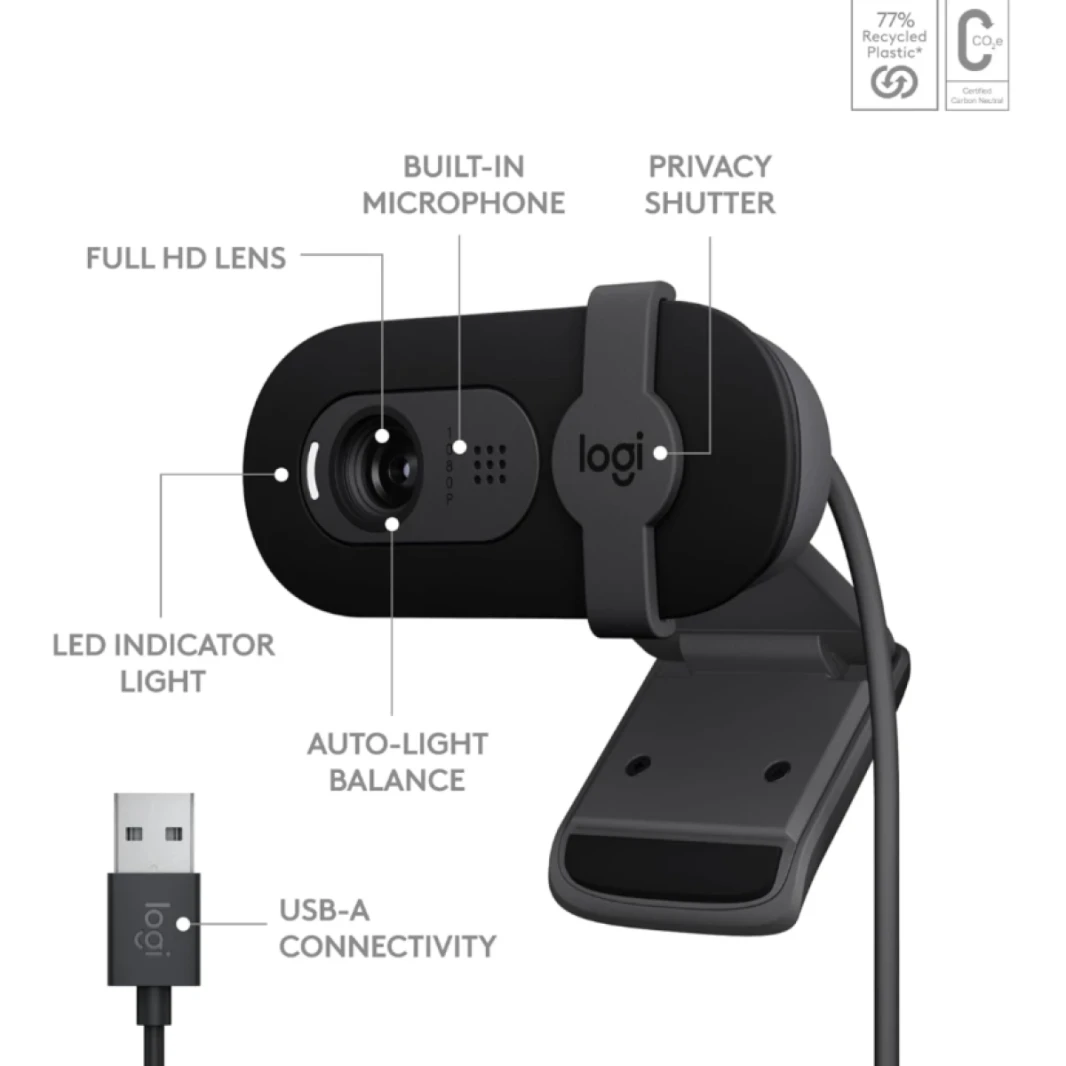 Logitech Brio 100 Full HD 1080p Webcam for Meetings and Streaming, Auto-Light Balance, Built-in Mic, Privacy Shutter