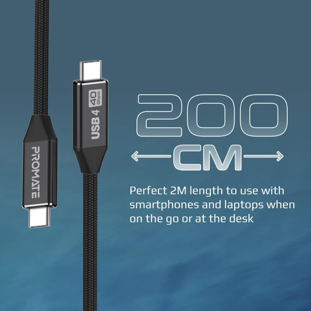 Promate PrimeLinkC40-2M Durable USB-C Cable Ultra HD 8k 60hz USB4 Type-C Cable - 240W Power Delivery Thunderbolt 4 Compatible