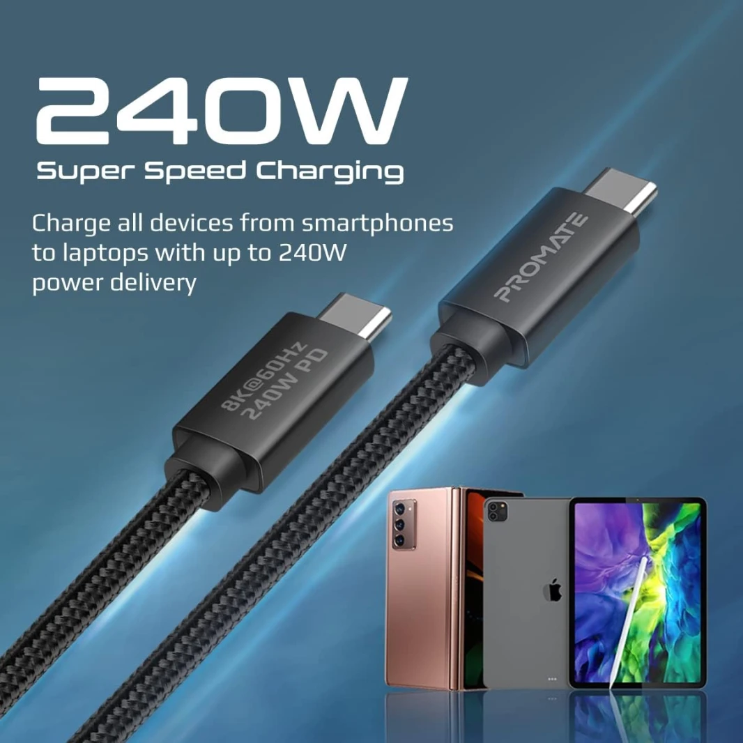 Promate PrimeLinkC40-2M Durable USB-C Cable Ultra HD 8k 60hz USB4 Type-C Cable - 240W Power Delivery Thunderbolt 4 Compatible