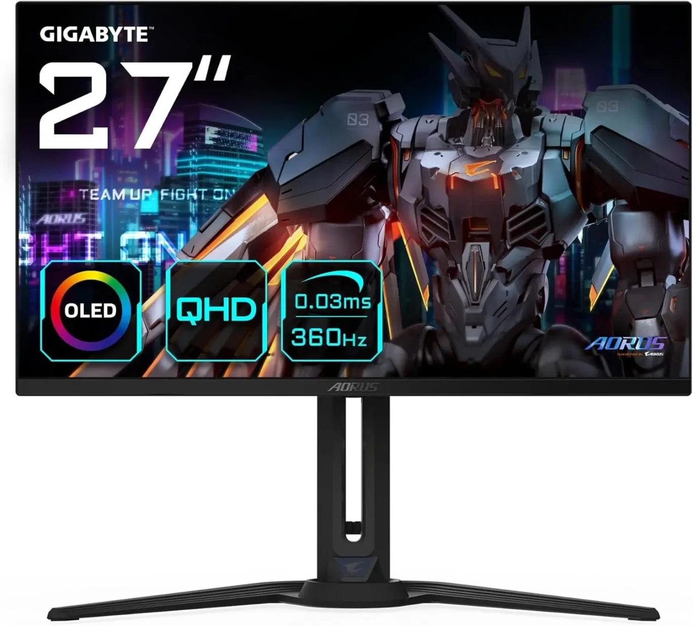 Gigabyte Aorus FO27Q3 27 بوصة OLED QHD 2K 360HZ 0.03MS MORTING MONITION ، التبديل التكتيكي ، الرؤية الليلية ، KVM ، 6 محور التحكم في الألوان ، المعادل الأسود 2.0 ، HDMI 2.1