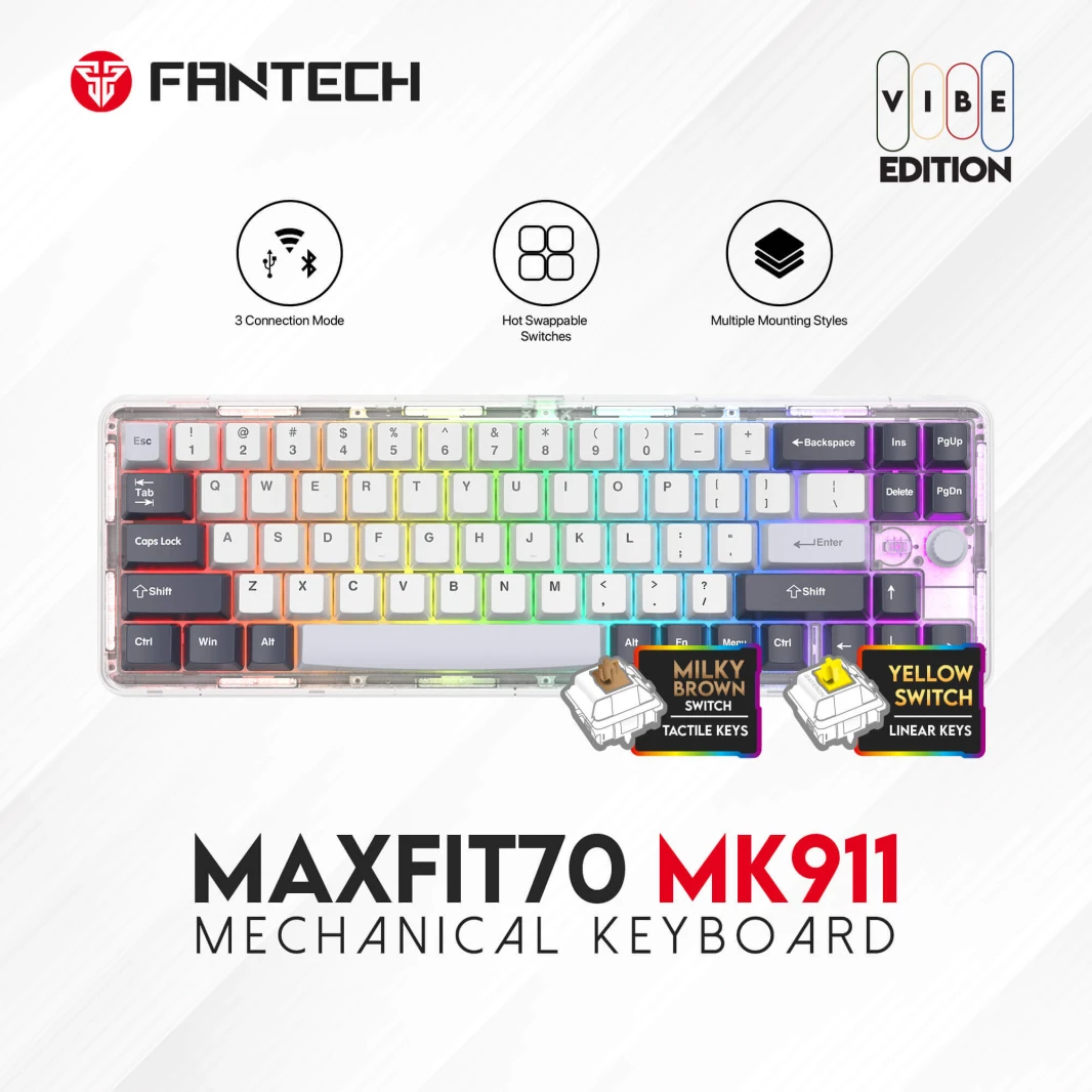Fantech MaxFit70 Mk911 Wireless 65 ٪ Mechanical Gaming Keyboard Connection Tri -Mode - PBT Double -Shot - Epic Greyscale