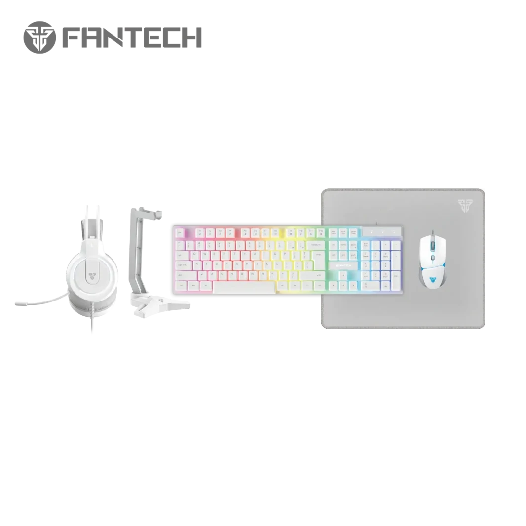 Fantech P51 5-in-1 لوحة مفاتيح Combo White + Mouse + Mousepad + سماعة الرأس + حامل سماعات الرأس