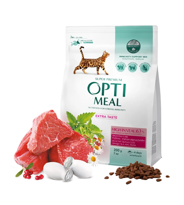 وجبة Opti جافة للقطط البالغة عالية في Veal (200+100) 300 جم
