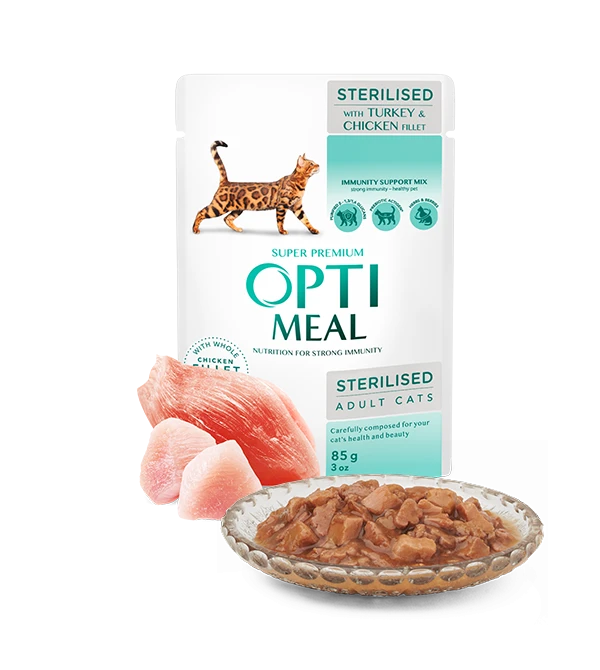 Opti meal Wet cat food for sterilised cats with TURKEY and CHICKEN FILLET in sauce 85g