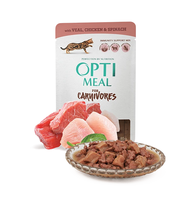 Opti meal Adult Cats Veal - Chicken Fillets & Spinach In Sauce 85gm