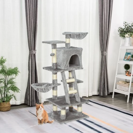 PawHut Multi-Activity Cat Tree w/ House Baskets - Grey