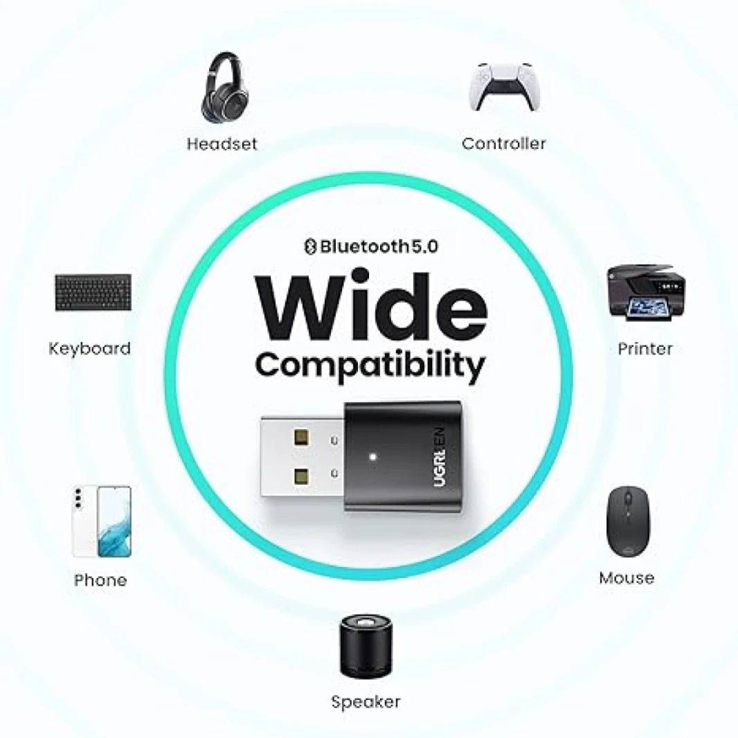 Ugreen USB Bluetooth Adapter للكمبيوتر الشخصي ، 5.0 جهاز استقبال بلوتوث دونجل