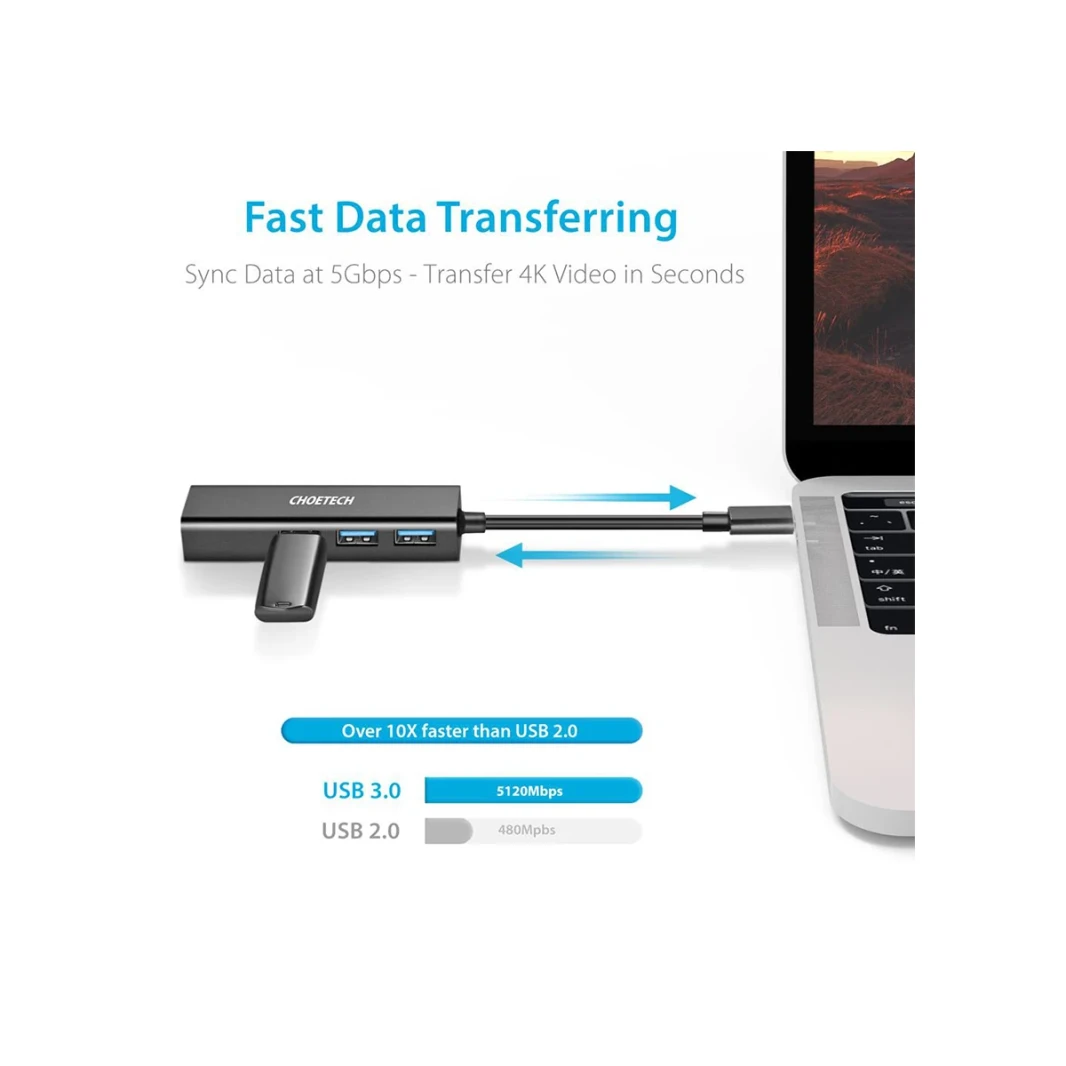الموصلات المطلية بالذهب Choetech ، النوع C إلى 1*RJ45 ، 3*USB 3.0 HUB