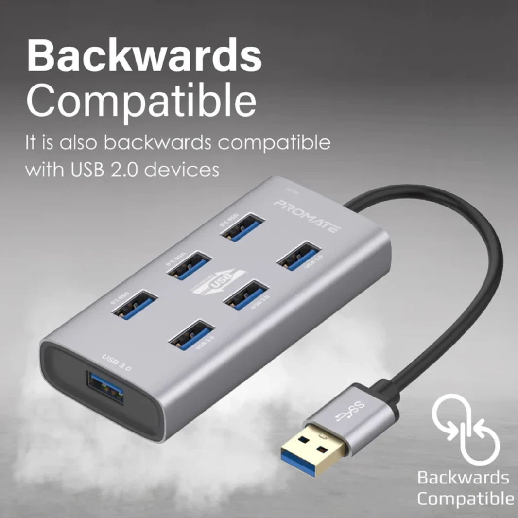 Promate EzHub-7 7 In 1 Aluminium Alloy Powered USB Hub 7 USB 3.0 Ports USB-C Adaptor 5Gbps Transfer Rate Data & Charge