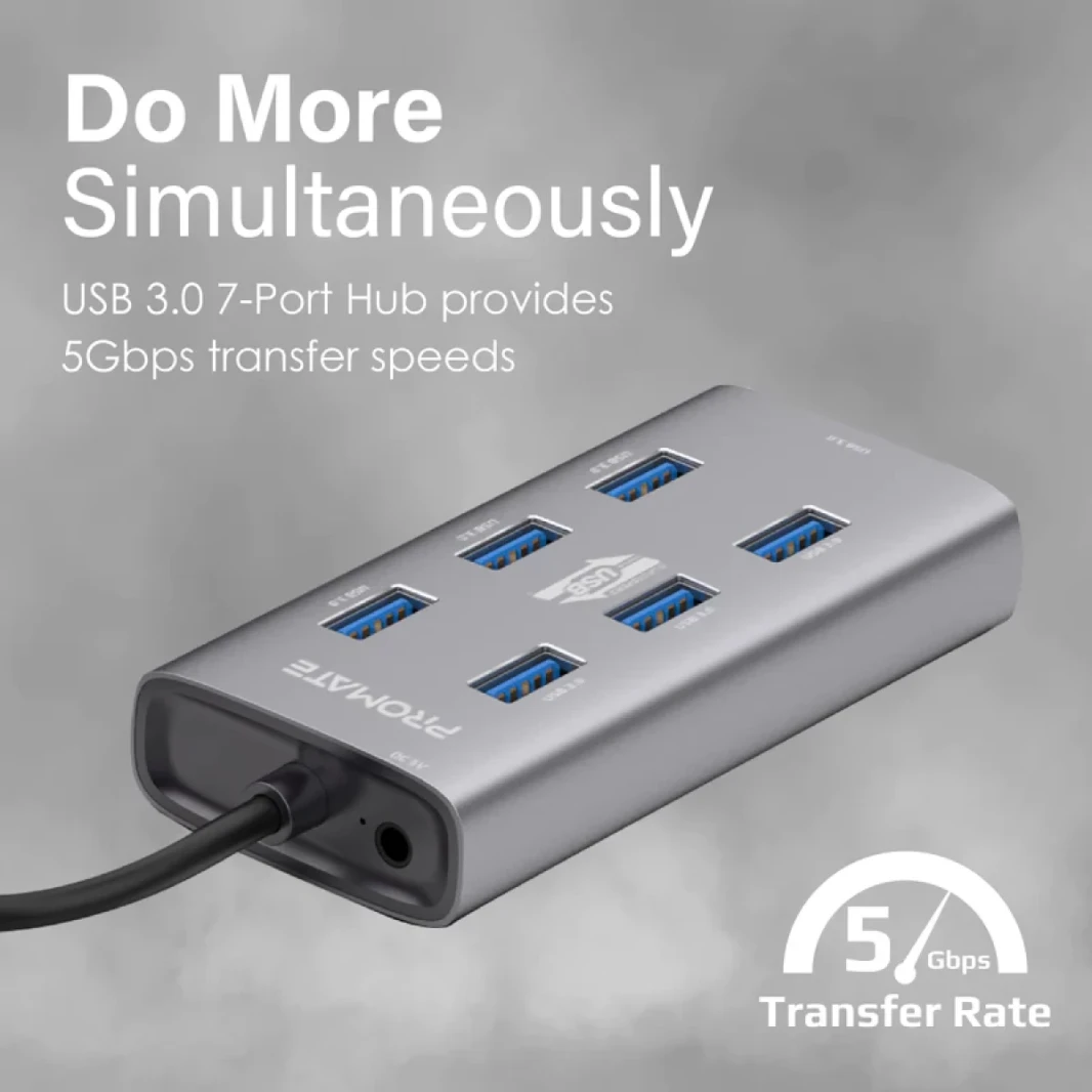 Promate EzHub-7 7 In 1 Aluminium Alloy Powered USB Hub 7 USB 3.0 Ports USB-C Adaptor 5Gbps Transfer Rate Data & Charge