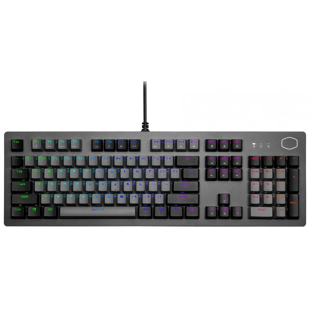 لوحة مفاتيح ميكانيكية للألعاب من كولر ماستر CK352، مفتاح أزرق مع إضاءة خلفية RGB وأشرطة إضاءة جانبية، غطاء مفاتيح مزدوج اللون (أسود ورمادي) (عربي)