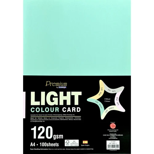 بطاقات CampAp Premium Light Color Stock 120gsm متنوعة 5 ألوان A4 - عبوة من 100