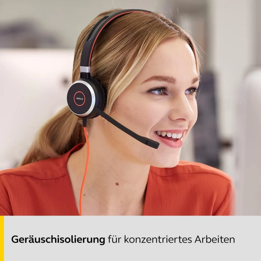 سماعة جابرا إيفولف 40 MS معتمدة من مايكروسوفت، سماعات رأس مخصصة لـ VoIP وبرامج الهاتف الصوتي مع تقليل الضوضاء السلبي، كابل USB-A مع جهاز تحكم، مكبر صوت ستيريو.