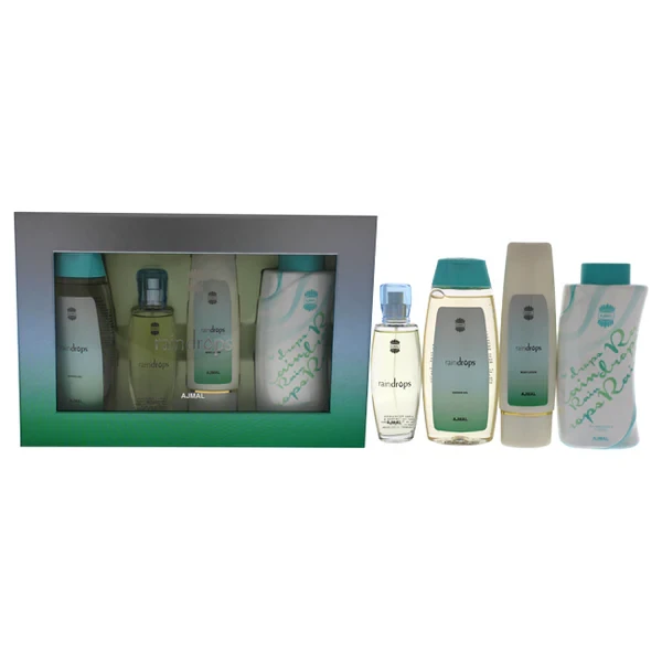 Raindrops by Ajmal for Women - 4 Pc Gift Set 1.7oz EDP Spray, 3.4oz Body Lotion, 6.7oz Shower Gel,