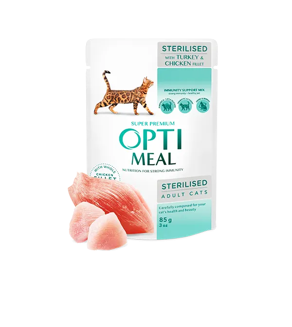 OPTIMEAL WET CAT FOOD FOR STERILISED CATS WITH TURKEY AND CHICKEN FILLET IN SAUCE 85G