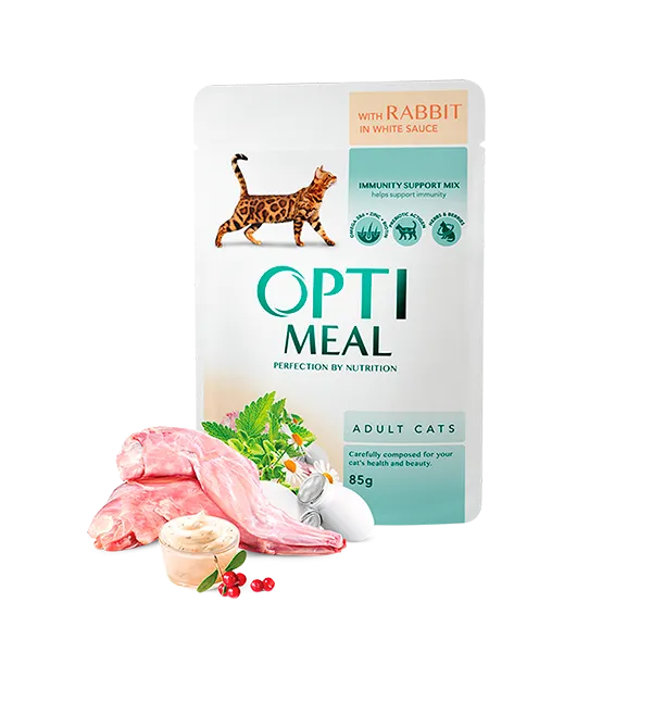 OPTIMEAL WET FOOD FOR ADULT CATS WITH RABBIT IN WHITE SAUCE 85G