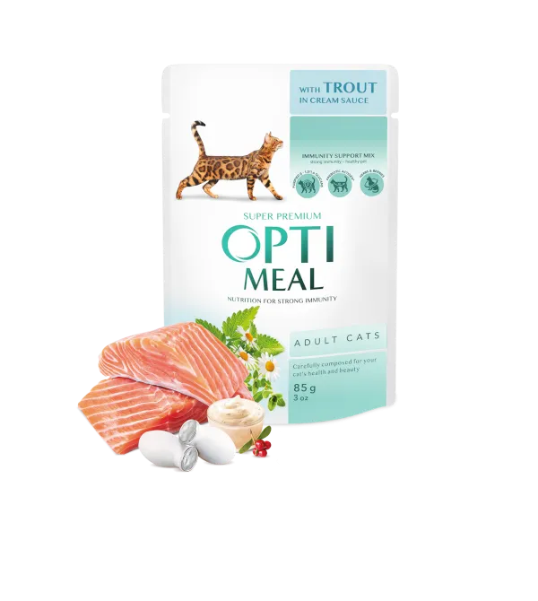 85g OPTIMEALCOMPLETE طعام معلب للحيوانات الأليفة للقطط البالغة مع سمك السلمون المرقط في صلصة الكريمة