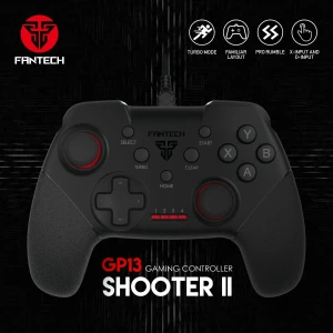 Fantech Shooter II GP13 Wired Gaming Controller, 1.8m Braided Cord, Dual Vibration Motors, Turbo Mode - Black