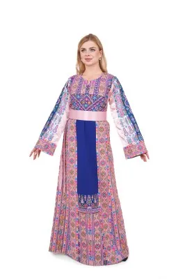نقشة ثوب كم ستان ازرق و زهري