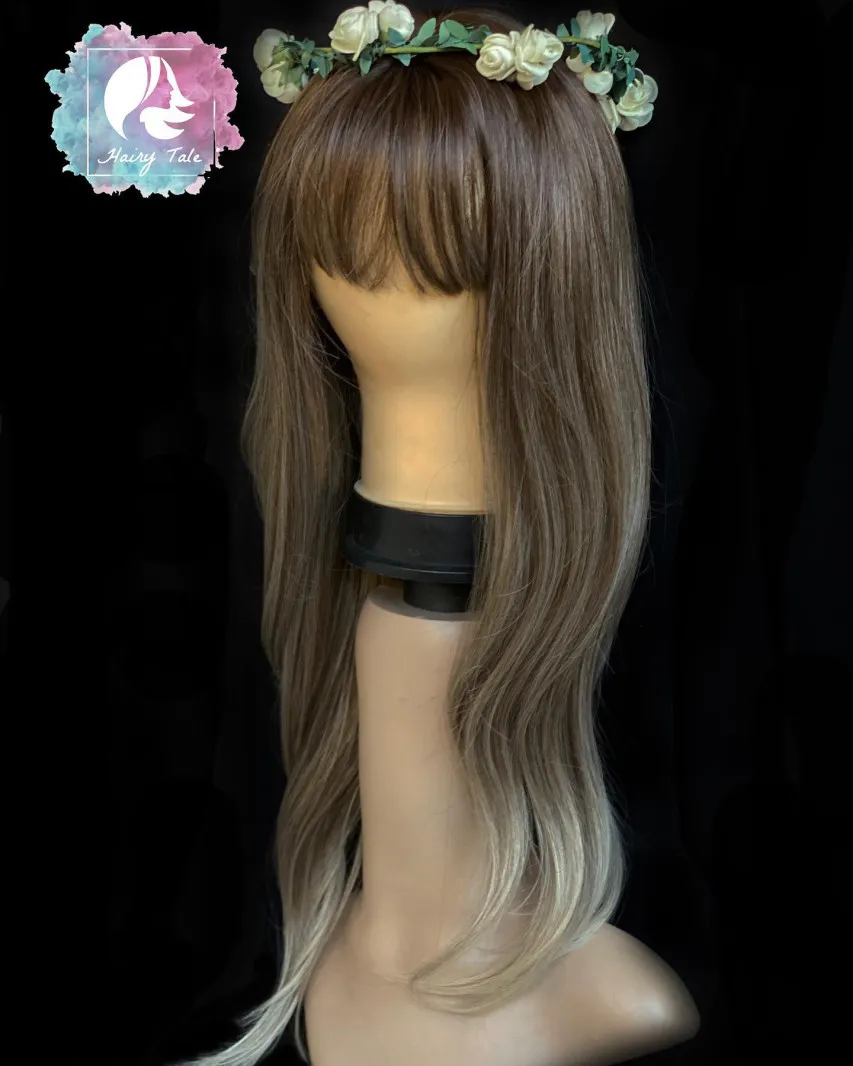 Wig with Bangs Ombre Dark Blonde Wig Long Wavy Wigs for Women Synthetic Wavy Dark Blonde Wigs Heat Resistant Hair Long Wavy Wigs for Daily Party