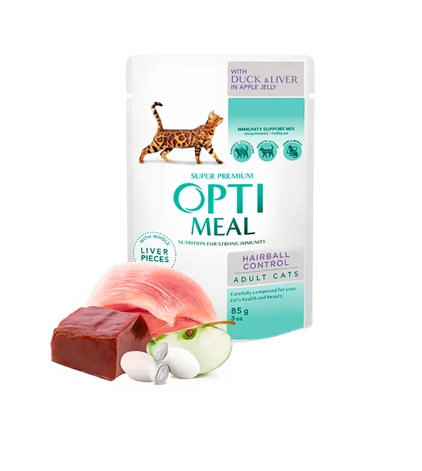 OPTIMEAL СOMPLETE СANNED PET FOOD FOR ADULT CATS HAIRBALL CONTROL, WITH DUCK AND SLICES OF LIVER IN APPLE JELLY 85g