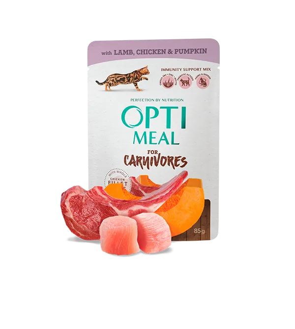 optimeal GRAIN FREE COMPLETE СANNED PET FOOD FOR ADULT CATS WITH LAMB AND CHICKEN FILLET IN PUMPKIN JELLY 85G
