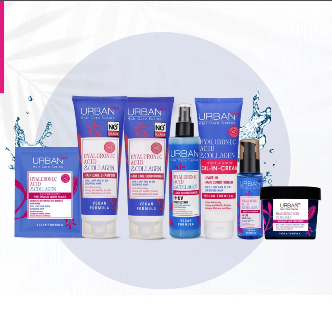 مجموعة حمض الهيالورونيك والكولاجين من Urban Care عناية مكثفة ومرطبة لنمو شعر صحي