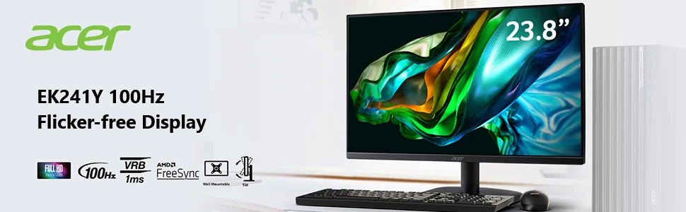 Acer EK241Y 24” IPS Full HD 100Hz 1ms Frameless Eye Care Features ComfyView HDMI & VGA Interface - Black