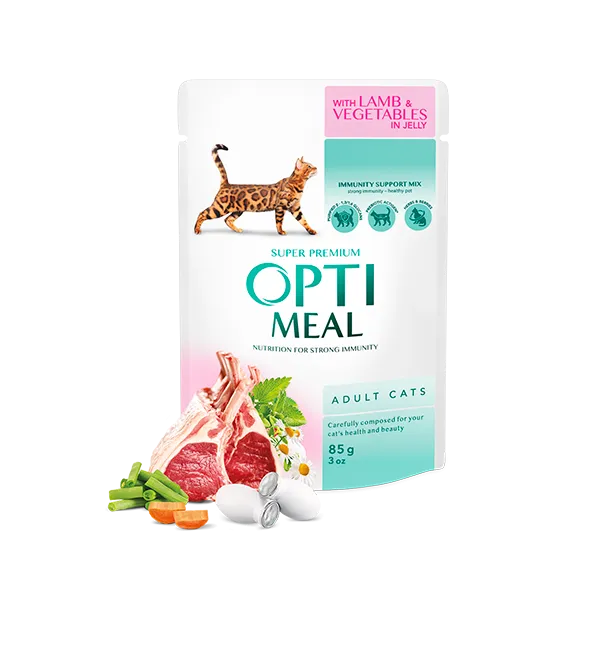 OPTIMEAL WET FOOD FOR ADULT CATS WITH LAMB AND VEGGIES IN JELLY 85g